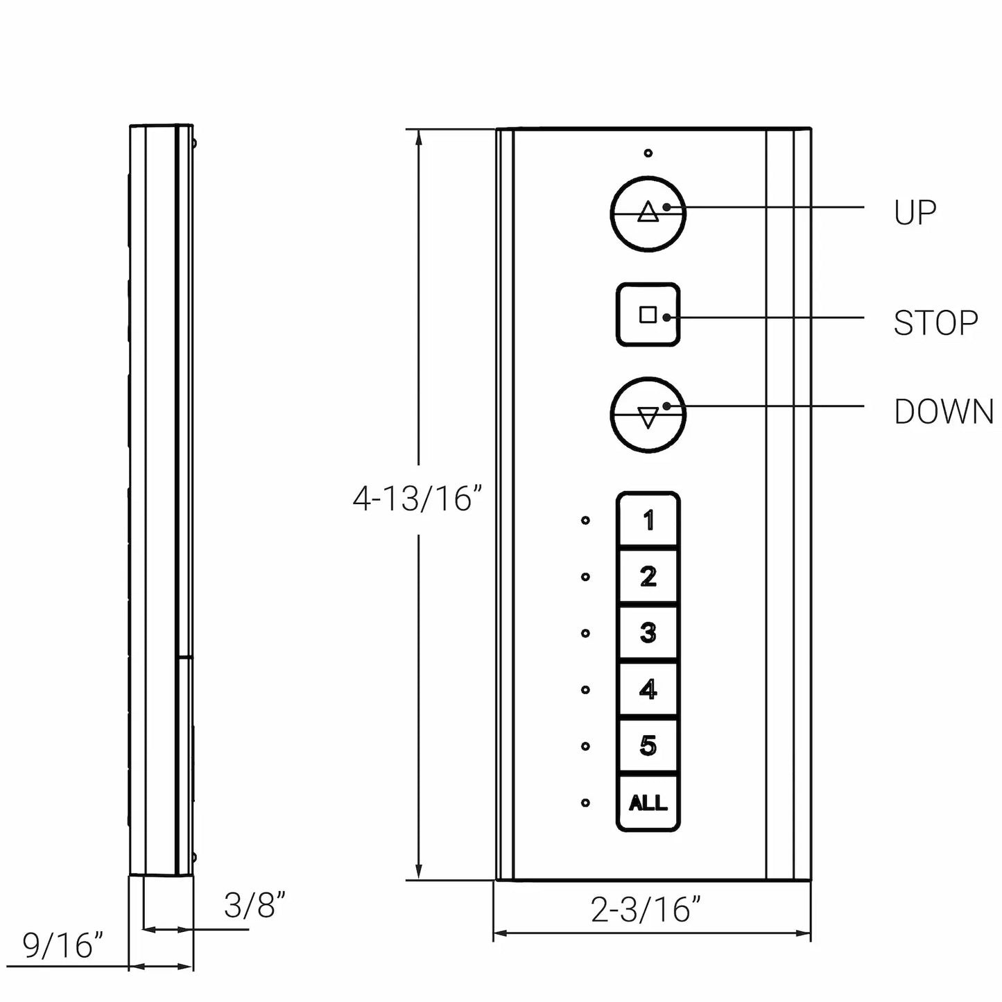 Rollease Automate Push 5 Channel Black ARC Remote Dimensions