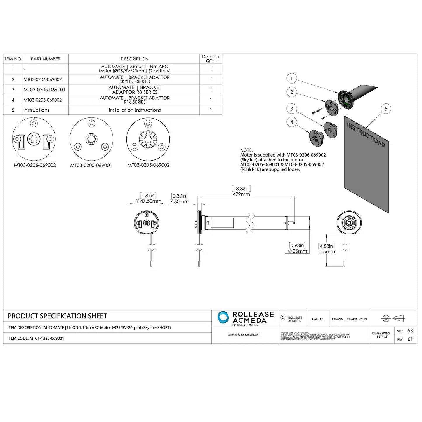 Rollease Automate Zero Li-ion 1.1Nm ARC Motor Short