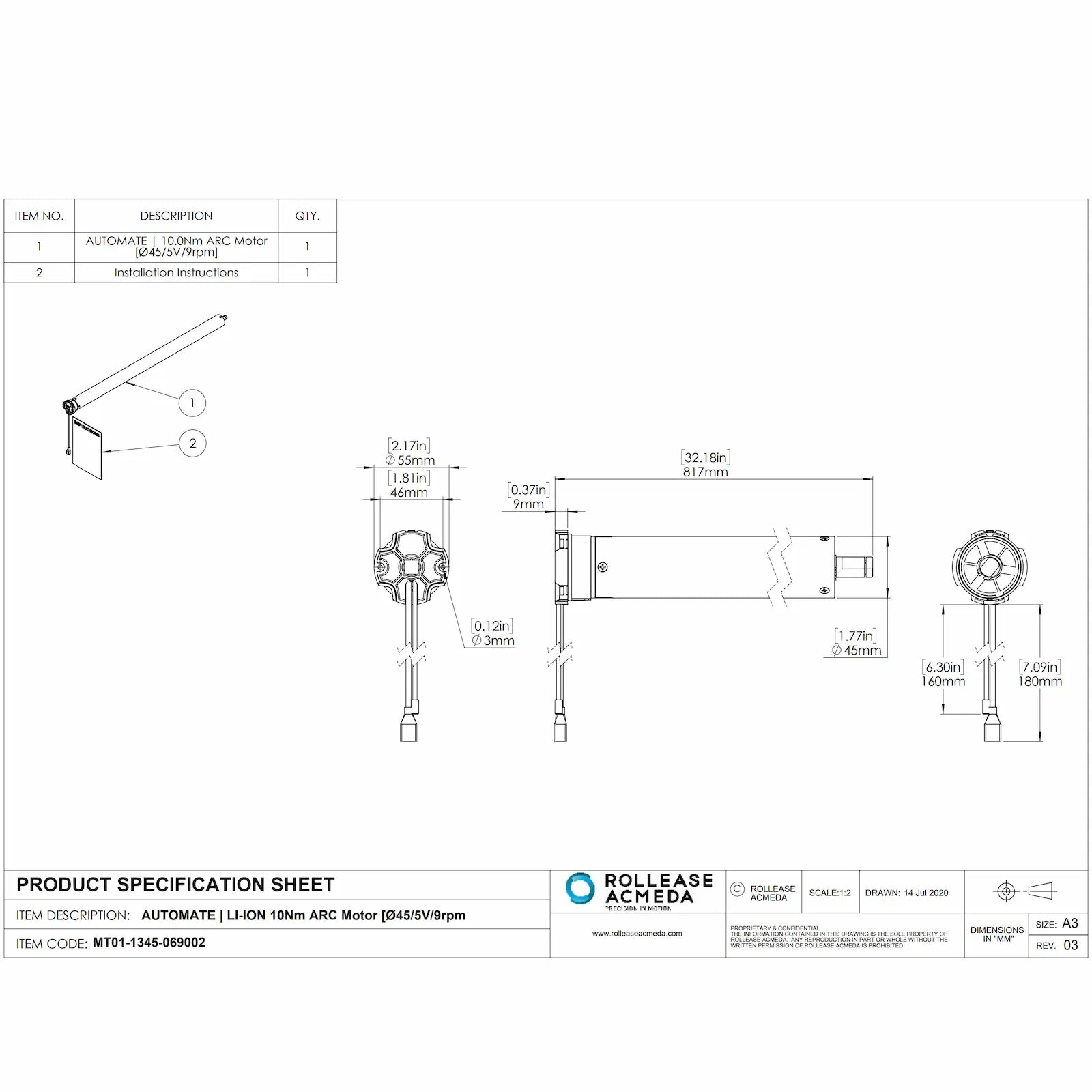 Rollease Automate Li-Ion Extra Quiet 10Nm ARC Shade Motor Specs