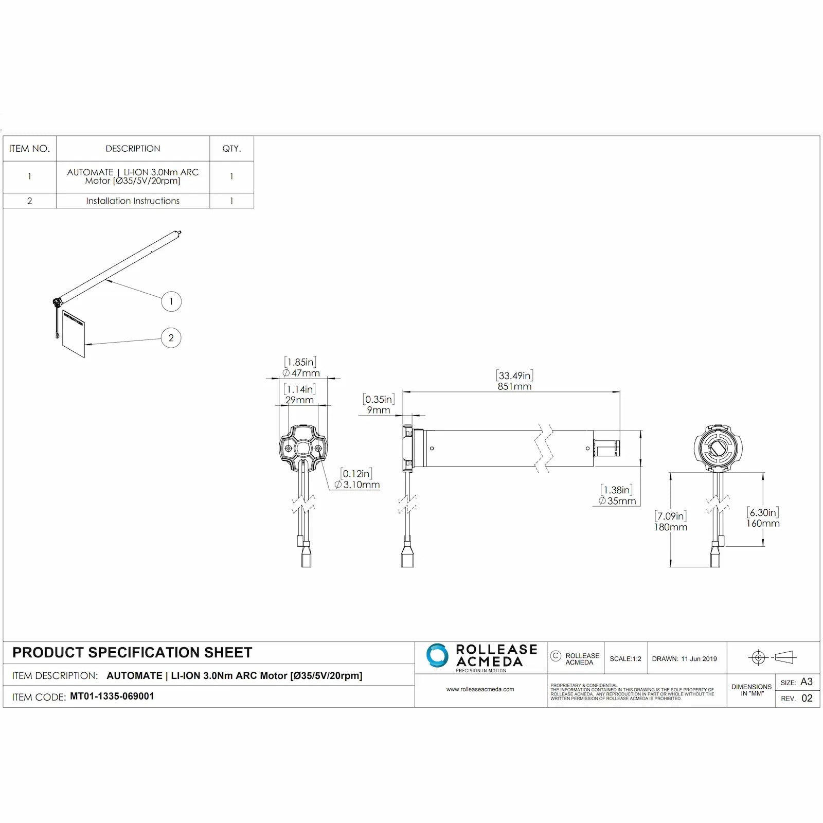 Rollease Automate Li-Ion 3.0Nm ARC Shade Motor Specs