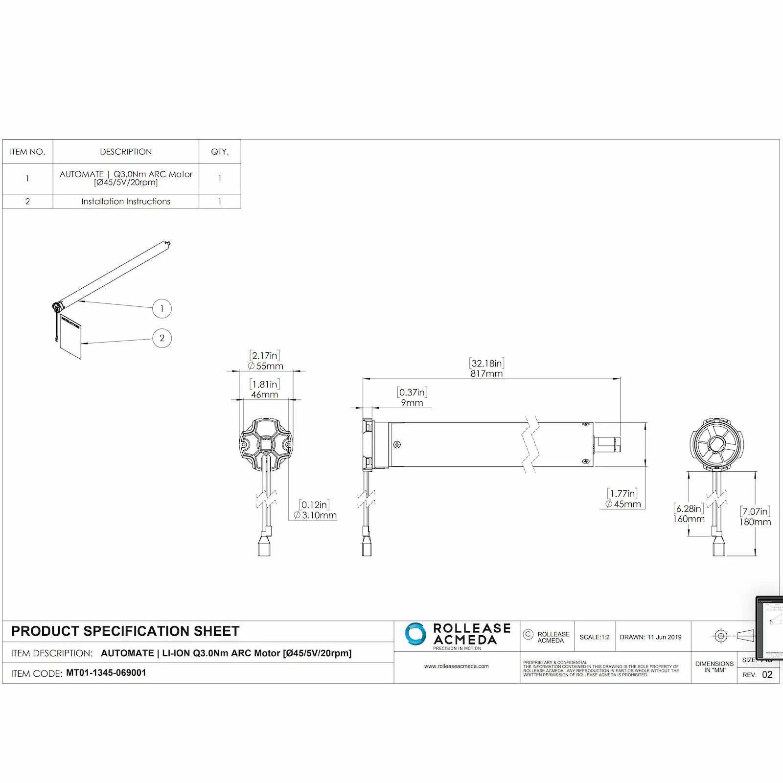 Rollease Automate Li-Ion Extra Quiet Q3.0Nm ARC Shade Motor Specifications